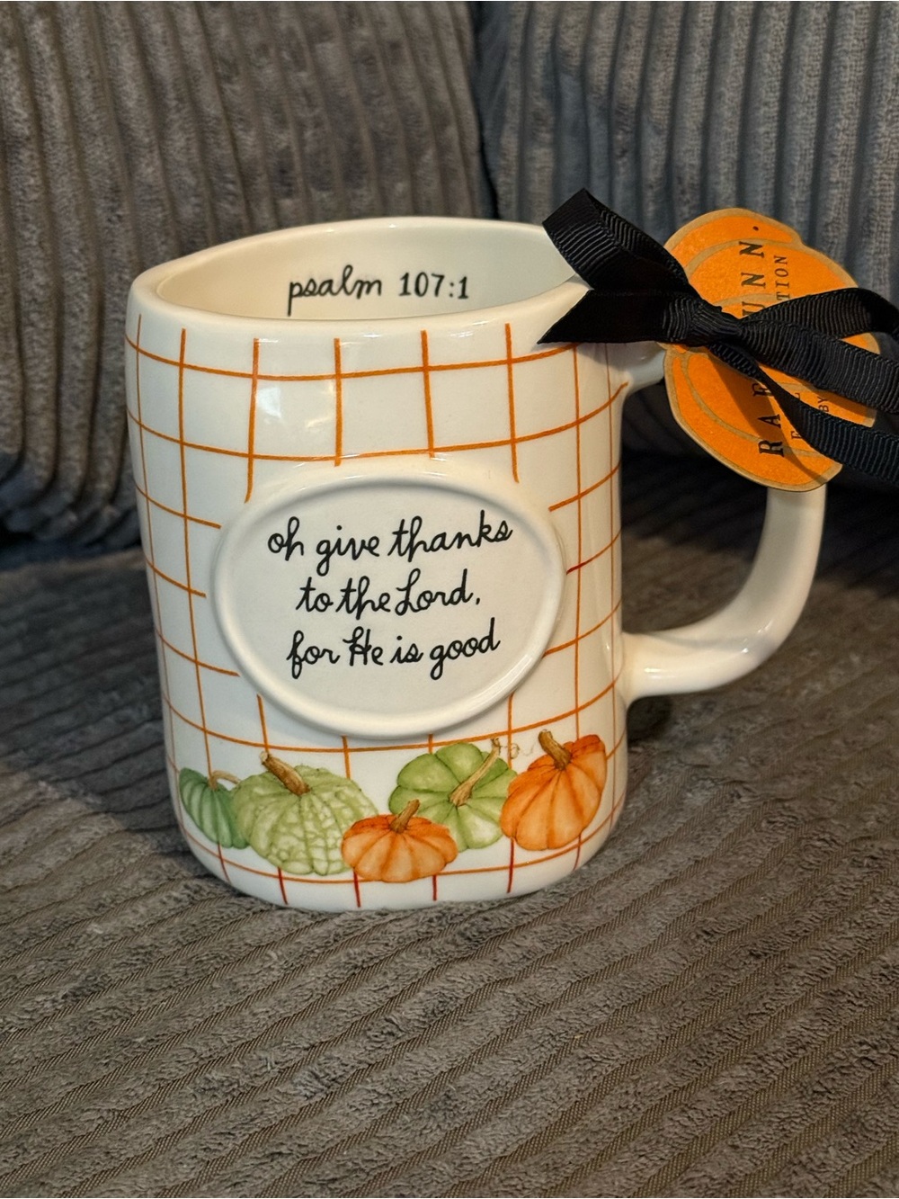 Rae Dunn ✨White Ceramic Mug with Orange Grid & Pumpkin Motif